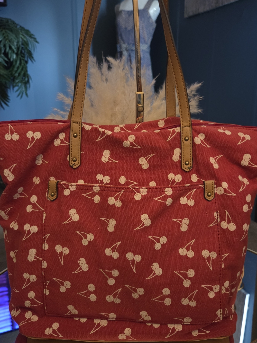 Sonoma Cherry Print Canvas Tote Bag Red Cream Large Everyday Shoulder Tote - Picture 15 of 15